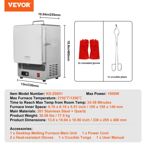 VEVOR 1500W Tabletop Kiln Melter, Electric Melting Furnace, Stainless Steel Electric Furnace, Max Temperature 2192℉/1200℃, for Wax Casting, Metal