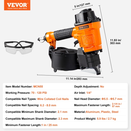 VEVOR 1 inch to 2-1/4 inch Coil Siding Nailer MCN55, 15 Degree Pneumatic Siding Nail Gun, 70-120PSI Air Coil Nailer for Siding, Pallet Sheathing,