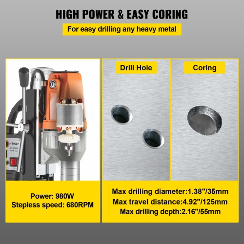 VEVOR 980W Magnetic Drill Magnetic Drilling Machine, Metal Drill Press High Power 680 rpm, Multi-Function Metal Drill Press 35MM Core Drilling