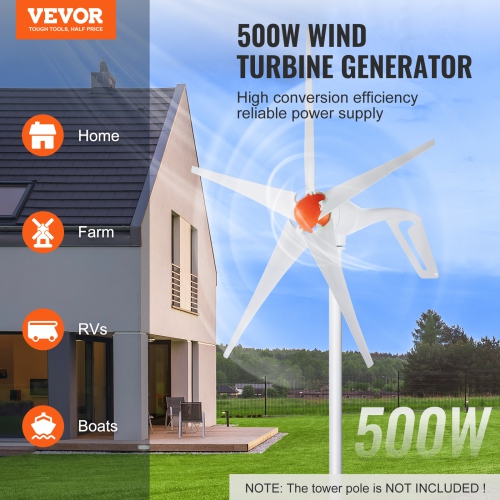 VEVOR 500W Wind Turbine Generator, 12V Wind Turbine Kit, 5-Blade Wind Power Generator with MPPT Controller, Adjustable Windward Direction & 2.5m/s