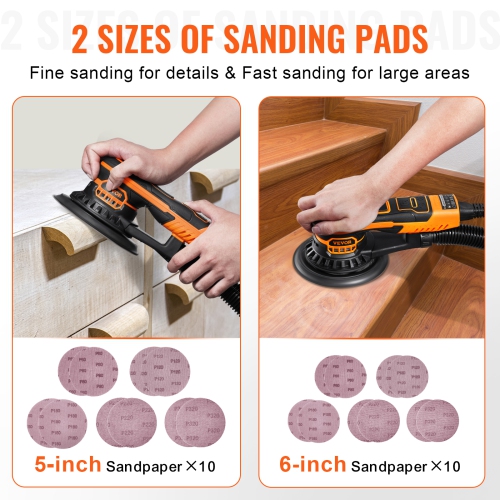 VEVOR 5 & 6-Inch Random Orbital Sander, 350W Brushless Orbital Sander, 10,000 PRM 6 Variable Speed Electric Palm Sander with 20PCS Sandpapers, Dust