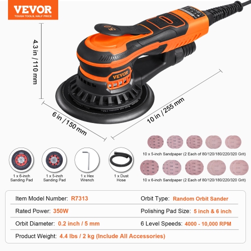 VEVOR 5 & 6-Inch Random Orbital Sander, 350W Brushless Orbital Sander, 10,000 PRM 6 Variable Speed Electric Palm Sander with 20PCS Sandpapers, Dust