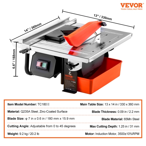 VEVOR 7-inch Wet Tile Saw, 65Mn Steel Blade, 3500 RPM Induction Motor, Tile Cutter Wet Saw with Water Reservoir, 0-45 Degrees Miter Angle for Cutting