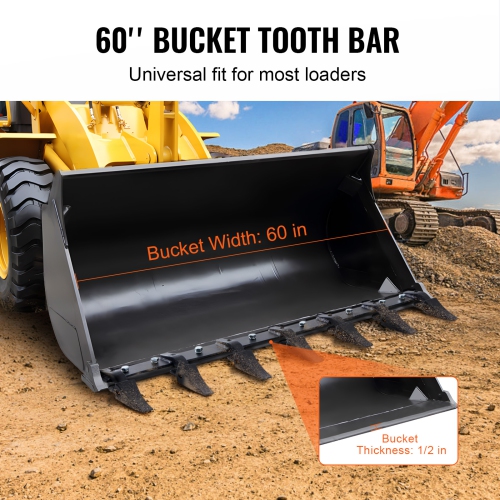 VEVOR 60'' Bucket Tooth Bar, Heavy Duty Tractor Bucket 7 Teeth Bar for Loader Tractor Skidsteer, 4560 lbs Load-Bearing Capacity Bolt On Design, for