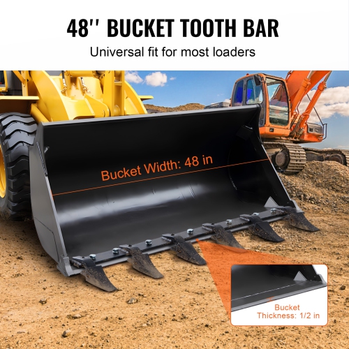 VEVOR 48'' Bucket Tooth Bar, Heavy Duty Tractor Bucket 6 Teeth Bar for Loader Tractor Skidsteer, 4560 lbs Load-Bearing Capacity Bolt On Design, for