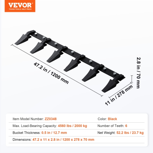 VEVOR 48'' Bucket Tooth Bar, Heavy Duty Tractor Bucket 6 Teeth Bar for Loader Tractor Skidsteer, 4560 lbs Load-Bearing Capacity Bolt On Design, for