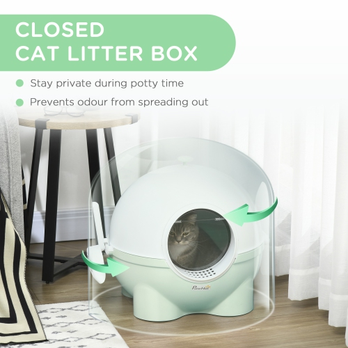 PawHut Cat Litter Box with Lid, Enclosed Kitty Litter Box with Scoop, Leaking Sand Pedal, Top Handle, Light Green