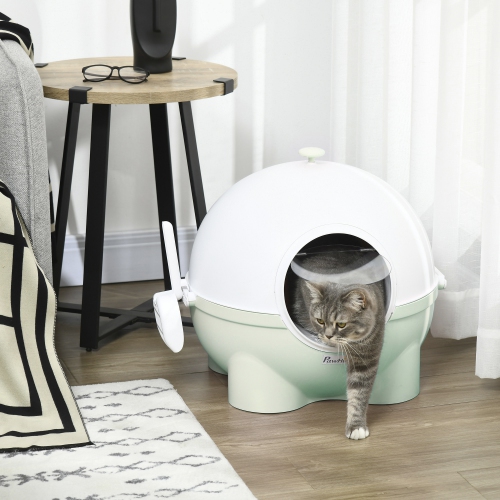 PawHut Cat Litter Box with Lid, Enclosed Kitty Litter Box with Scoop, Leaking Sand Pedal, Top Handle, Light Green