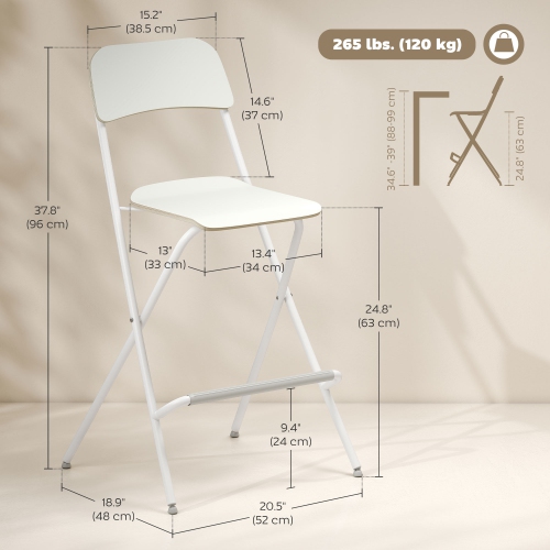 HOMCOM Modern Folding Bar Stools Set of 2, Counter Height Foldable Stool with Footrest, Wooden Effect Seat and Steel Frame for Kitchen, Dining, 20.5