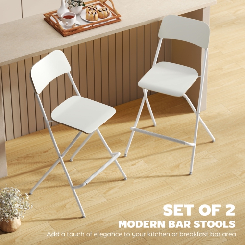 HOMCOM Modern Folding Bar Stools Set of 2, Counter Height Foldable Stool with Footrest, Wooden Effect Seat and Steel Frame for Kitchen, Dining, 20.5