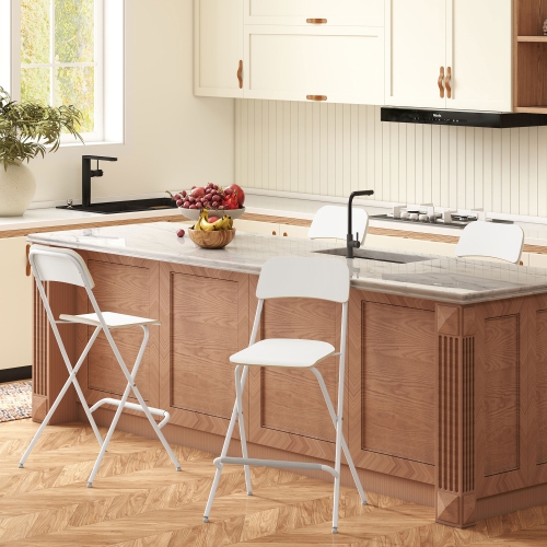 HOMCOM Modern Folding Bar Stools Set of 2, Counter Height Foldable Stool with Footrest, Wooden Effect Seat and Steel Frame for Kitchen, Dining, 20.5