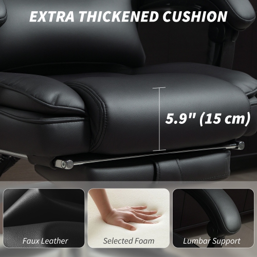 HOMCOM High Back Office Chair with Footrest, Reclining PU Leather Desk Chair with Adjustable Headrest, Lumbar Support, Swivel Wheels, Black