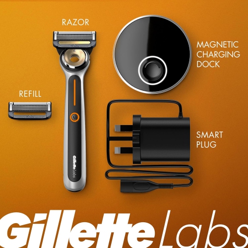 Gillette Heated Razor for Men, Starter Shave Kit by GilletteLabs, 1 Handle + 2 Razor Blade Refills + 1 Charging Dock, Warm Shaving Experience