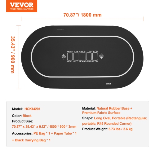 VEVOR 70 x 35 Inch Poker Table Top, Poker Mat for Table, 6-8 Players Foldable Poker Table Top with Carrying Bag, Folding Poker Table Topper for Poker