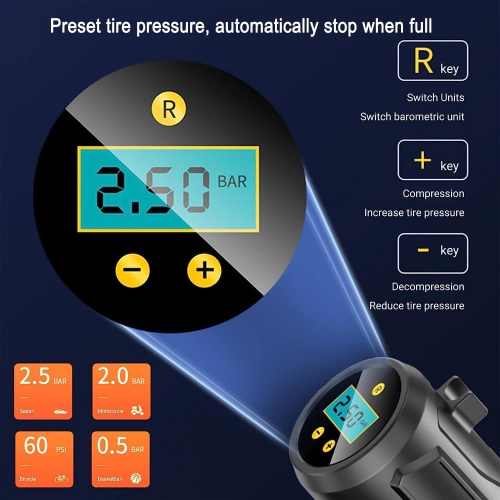 Portable multifunctional electric air pump, intelligent digital display, preset tire pressure, automatic stop when full, with LED light, long battery