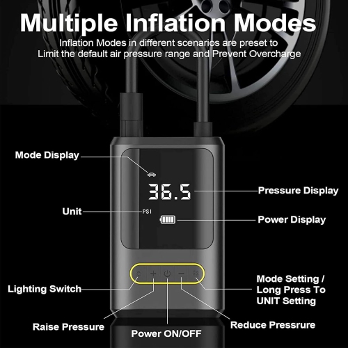 150PSI ultra-fast inflation|4 modes intelligent switching|Dual LED emergency lights|Digital tire pressure display and automatic stop|Long-lasting