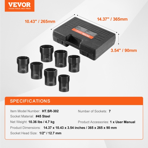VEVOR 1/2 inch Wheel Bearing Locknut Socket Set, Drive 7 Piece SAE and Metric 6-Point Socket for Ford, Dodge, and Toyota Vehicles, with Storage Case,
