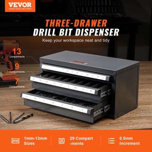 VEVOR Drill Bit Dispenser Cabinet, Three-Drawer Drill Bit Organizer Cabinet for 1mm to 13mm, Steel Drill Dispenser Organizer Cabinet with Labels,