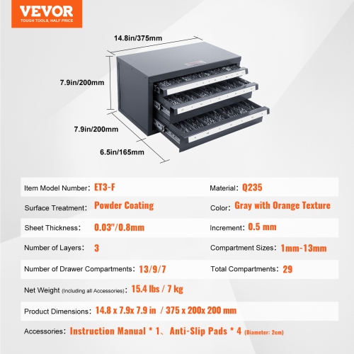 VEVOR Drill Bit Dispenser Cabinet, Three-Drawer Drill Bit Organizer Cabinet for 1mm to 13mm, Steel Drill Dispenser Organizer Cabinet with Labels,