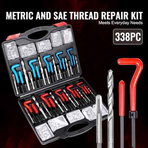 VEVOR 338-Piece Helicoil Thread Repair Kit, 338-Piece SAE and Metric Rethreading Tool Kit, M5, M6, M8, M10, M12, 1/4", 5/16", 3/8", 7/16", 1/2", HSS