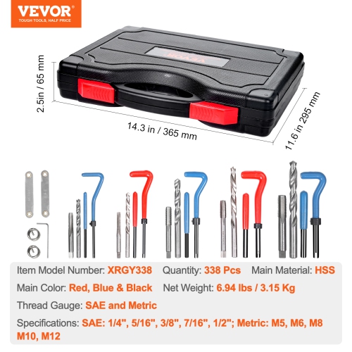 VEVOR 338-Piece Helicoil Thread Repair Kit, 338-Piece SAE and Metric Rethreading Tool Kit, M5, M6, M8, M10, M12, 1/4", 5/16", 3/8", 7/16", 1/2", HSS