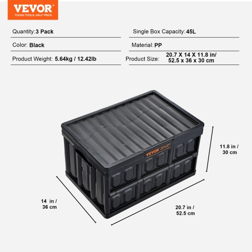 VEVOR Collapsible Storage Bins with Lids, 45L 3 Packs, Folding Plastic Stackable Utility Crates with Handles, Large Heavy Duty Containers for