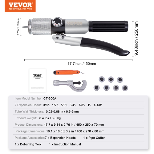 VEVOR Hydraulic Tube Expander, 3/8" to 1-1/8" OD, HAVC Hydraulic Swaging Tool with 7 Pipe Expander Heads, Deburring Tool, Pipe Cutter for Copper