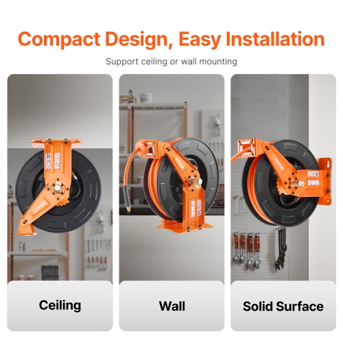 VEVOR 3/8 IN x 65FT Retractable Air Hose Reel with Double Arms, Hybrid Air Hose Max 300PSI, Air Compressor Hose Reel with 5FT Lead in, Ceiling/Wall