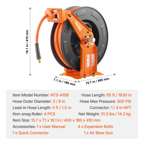 VEVOR 3/8 IN x 65FT Retractable Air Hose Reel with Double Arms, Hybrid Air Hose Max 300PSI, Air Compressor Hose Reel with 5FT Lead in, Ceiling/Wall