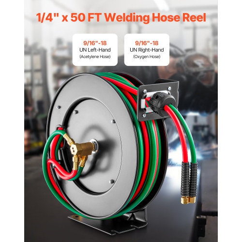 VEVOR 1/4-Inch x 50FT Retractable Welding Hose Reel, Twin Oxygen Acetylene Rubber Hose Max 300PSI - R Grade, Ceiling/Wall Mount Heavy Duty Steel Hose