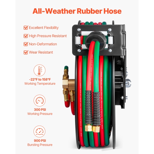 VEVOR 1/4-Inch x 50FT Retractable Welding Hose Reel, Twin Oxygen Acetylene Rubber Hose Max 300PSI - R Grade, Ceiling/Wall Mount Heavy Duty Steel Hose