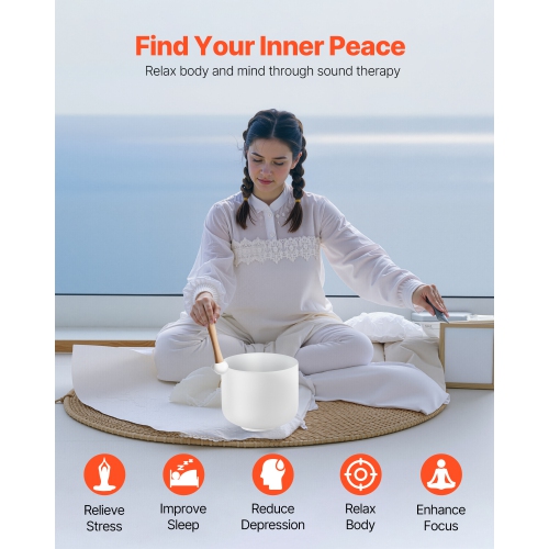 VEVOR 8-inch Crystal Singing Bowl, F Note Heart Chakra Singing Bowl, Portable Frosted Quartz Singing Bowl with Rubber Mallet, O-Ring and 8" Carrying