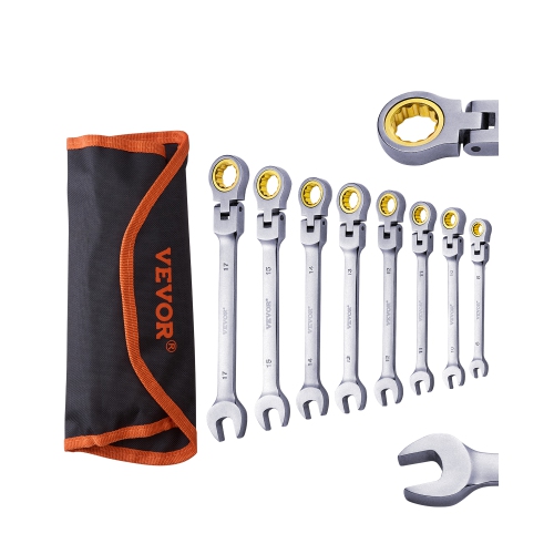 VEVOR  8-Piece Flex-Head Ratcheting Wrench Set, Combination Wrench Set \w Roll-Up Pouch, Cr-V Steel Flexible Ratcheting Wrench Set Metric 8 MM to 17