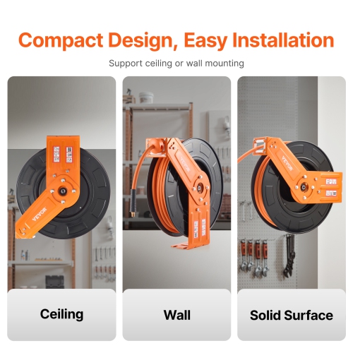 VEVOR 3/8IN x 100FT Retractable Air Hose Reel, Rubber Air Hose Max 300PSI, Air Compressor Hose Reel Auto-Rewind with 5FT Lead in, Ceiling/Wall Mount