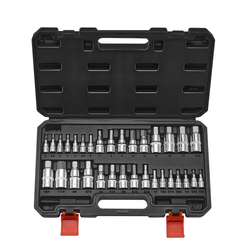 VEVOR 32-Piece Hex Bit Socket Set, S2 Alloy Steel and Cr-V Steel, Standard SAE and Metric, 1/4 in, 3/8 in, and 1/2 in Drives, with Enhanced Storage