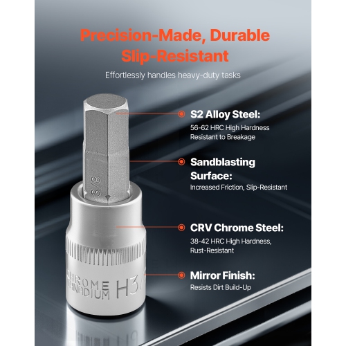 VEVOR 32-Piece Hex Bit Socket Set, S2 Alloy Steel and Cr-V Steel, Standard SAE and Metric, 1/4 in, 3/8 in, and 1/2 in Drives, with Enhanced Storage