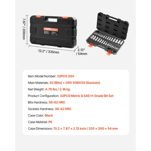 VEVOR 32-Piece Hex Bit Socket Set, S2 Alloy Steel and Cr-V Steel, Standard SAE and Metric, 1/4 in, 3/8 in, and 1/2 in Drives, with Enhanced Storage
