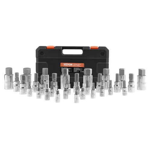 VEVOR 32-Piece Hex Bit Socket Set, S2 Alloy Steel and Cr-V Steel, Standard SAE and Metric, 1/4 in, 3/8 in, and 1/2 in Drives, with Enhanced Storage