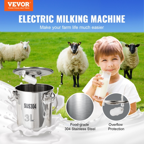 VEVOR 3 L 304 Goat Milking Machine, Stainless Steel Bucket, Electric Automatic Pulsation Vacuum Milker, Portable Milker with Food-grade Silicone Cups