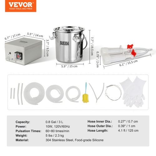 VEVOR 3 L 304 Goat Milking Machine, Stainless Steel Bucket, Electric Automatic Pulsation Vacuum Milker, Portable Milker with Food-grade Silicone Cups