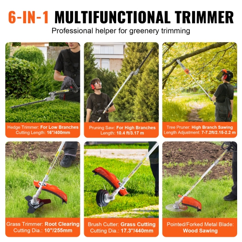 VEVOR 33CC 6-in-1 Multi-Functional Trimming Tools, Gas Hedge Trimmer, Weed Eater, String Trimmer, Brush Cutter, Edger, Pole Saw Chainsaw Pruner with