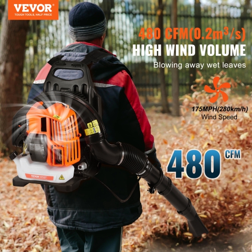 VEVOR 52CC 2-Cycle Backpack Leaf Blower, Gas Leaf Blower with 1.37L Fuel Tank, 480CFM Air Volume 175MPH Speed, Ideal for Lawn Care, Leaf Cleaning,