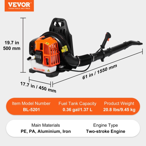 VEVOR 52CC 2-Cycle Backpack Leaf Blower, Gas Leaf Blower with 1.37L Fuel Tank, 480CFM Air Volume 175MPH Speed, Ideal for Lawn Care, Leaf Cleaning,
