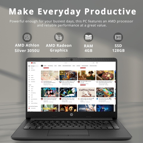 Refurbished - HP Pavilion 14" HD Anti-Glare Laptop, AMD Athlon Silver 3050U, 128GB PCIe SSD, 4GB RAM, AMD Radeon Graphics, Webcam, Bluetooth, Windows