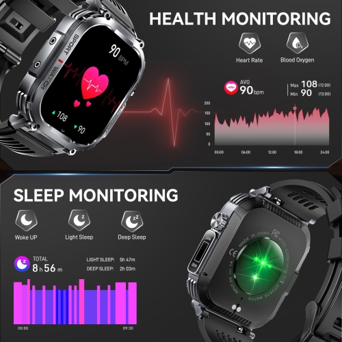 Military Smart Watch for Men 3ATM Waterproof with Call LED Flashlight 2.02" HD Big Screen Rugged Tactical Smartwatch for iPhone Android