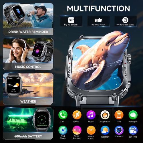 Military Smart Watch for Men 3ATM Waterproof with Call LED Flashlight 2.02" HD Big Screen Rugged Tactical Smartwatch for iPhone Android