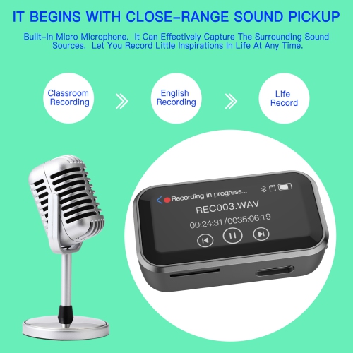MP3 player with HD recording, e-book, FM, external speaker, full screen touch screen, back clip, 3D external speaker, long standby, compact and easy