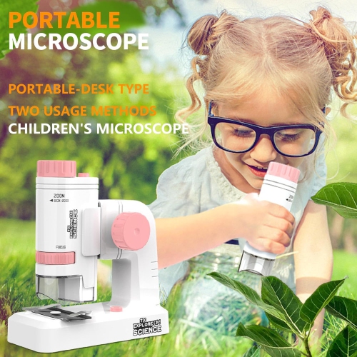Children's Portable Fun Handheld Microscope Boys Girls Science Exploration Educational Toys, 200x Biological Science Microscope-8608*Pink+Specimen
