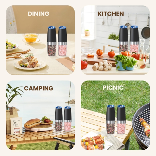 Electric Salt and Pepper Grinder Set, USB Rechargeable Spice Grinder with Adjustable Coarseness and LED Light for Kitchen and Outdoor BBQ