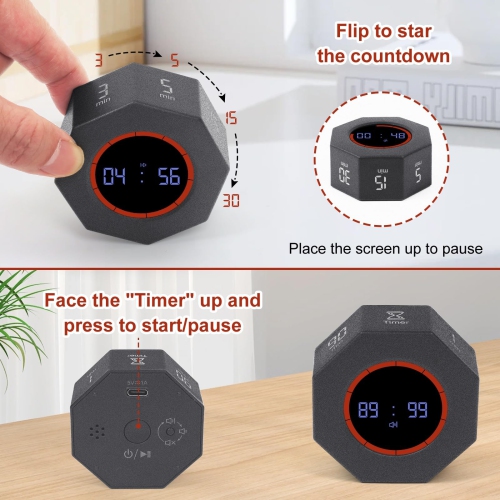 Portable Mini Kitchen Timer, 8 Angle Small Visual Digital Timer with USB Charging and Gravity Sense for Cooking, Working and Studying